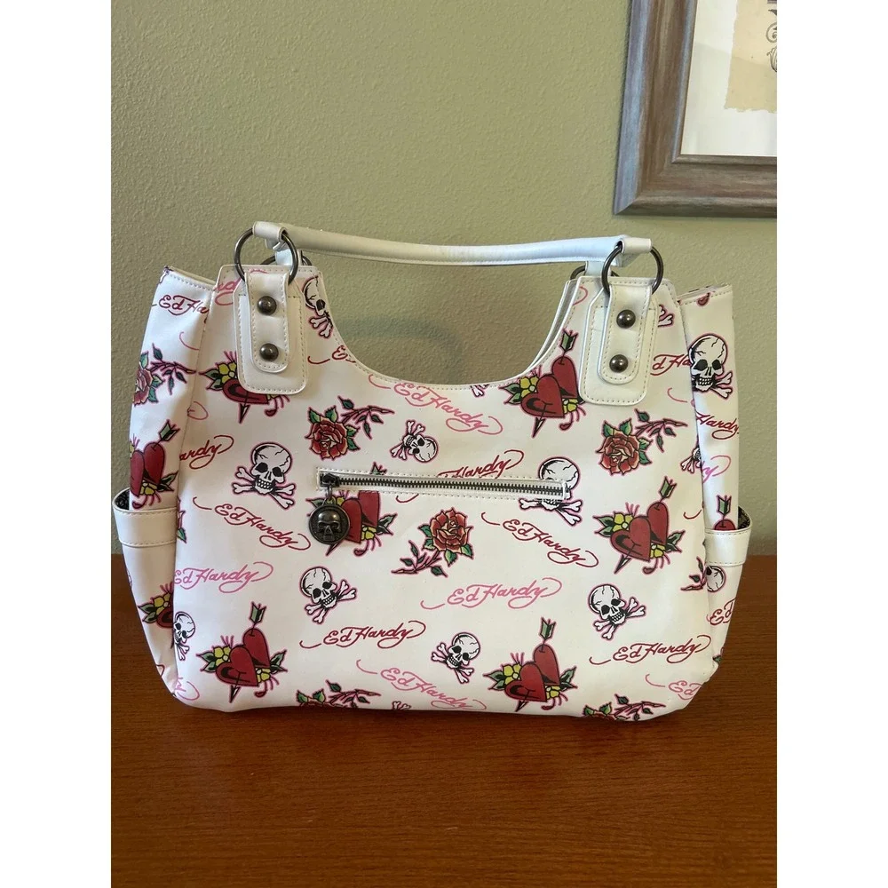 Ed Hardy Tattoo Print Shoulder Bag White Skull Rose Heart Y2K Satchel Tote